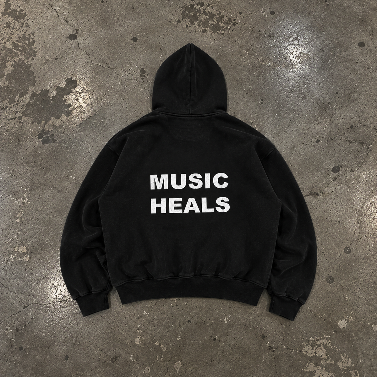 BLACK WAFFLE BOXY HOODIE