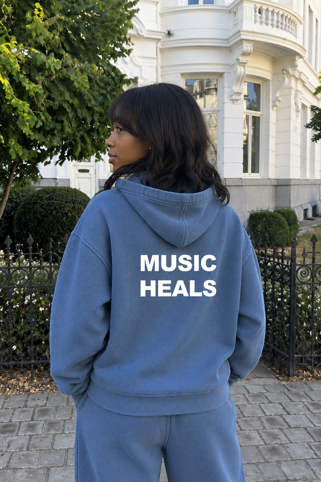 BLUE WAFFLE BOXY HOODIE