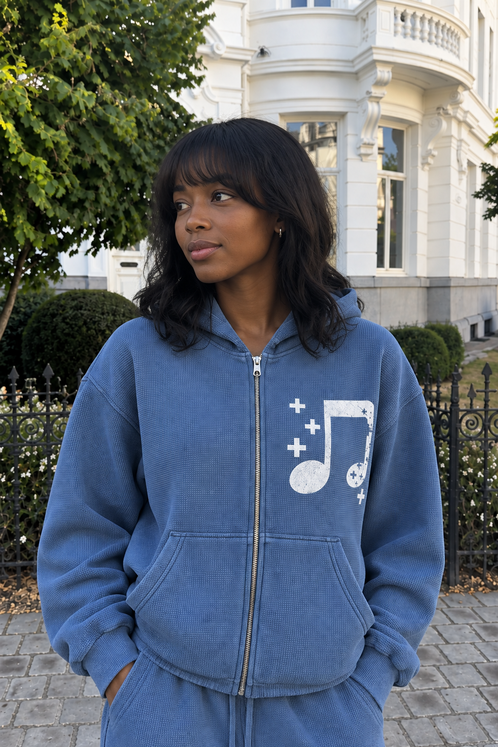 BLUE WAFFLE BOXY HOODIE